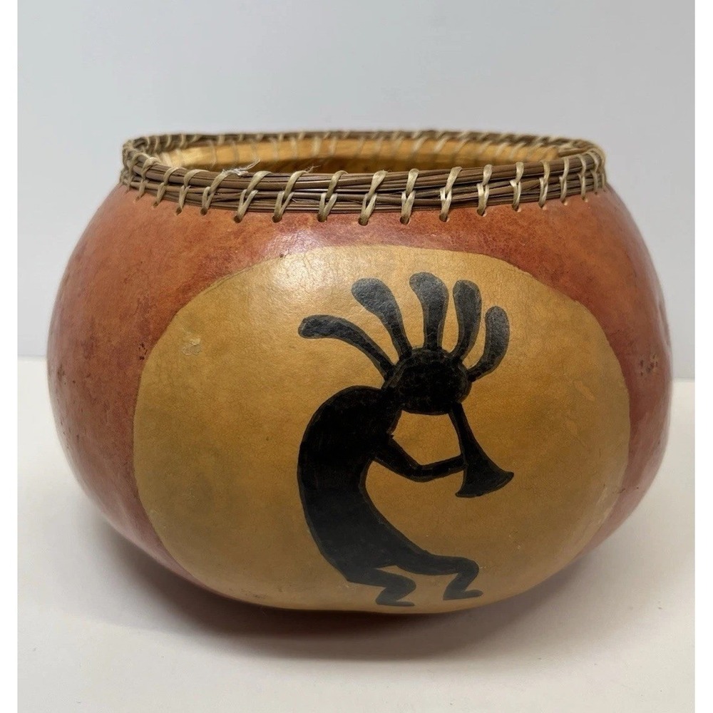 Kokopelli  Hand Painted Gourd Bowl Petroglyph Design W/ Woven Rim Signed